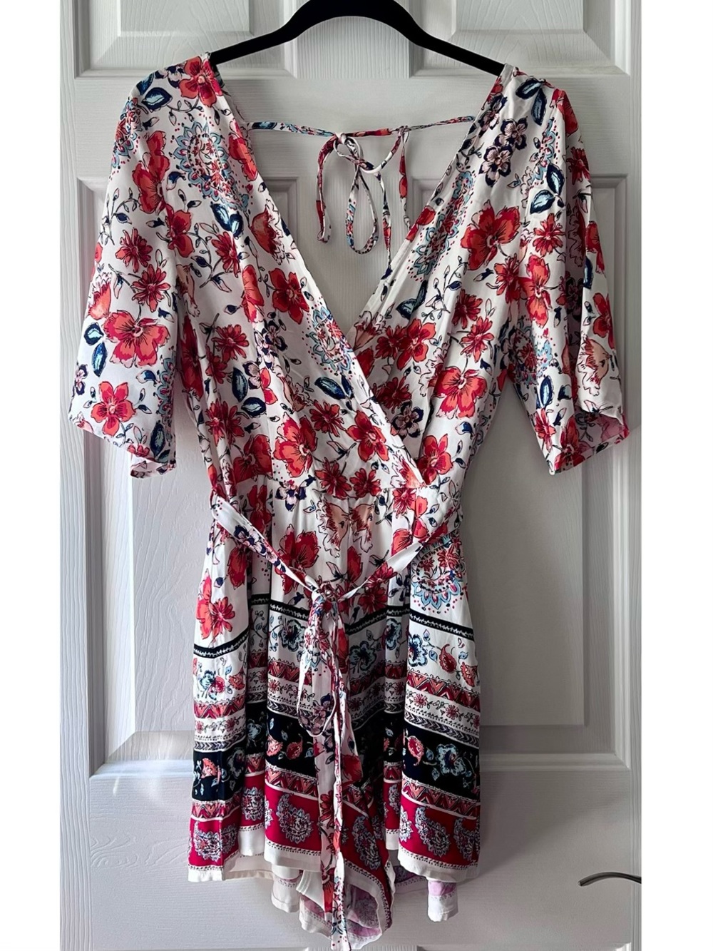 Blue Rain Floral Border Print Romper Size Medium Tie Waist